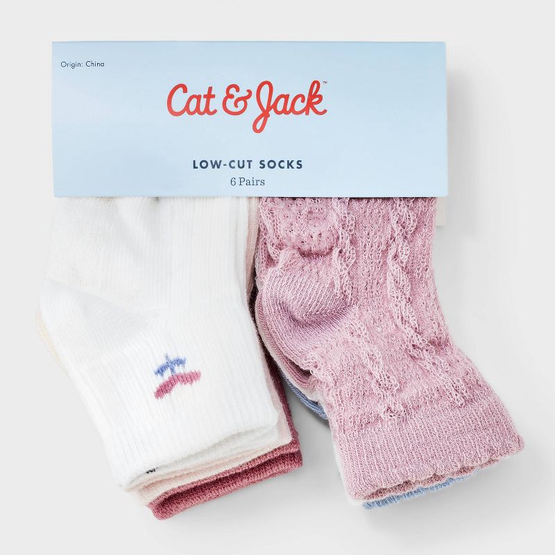 slide 2 of 3, Baby Girls' 6pk 'Tulip' Low-Cut Socks - Cat & Jack™ 12-24M: Midweight Knit, Rib Cuffs, Classic Jacquard Pattern, 6 ct