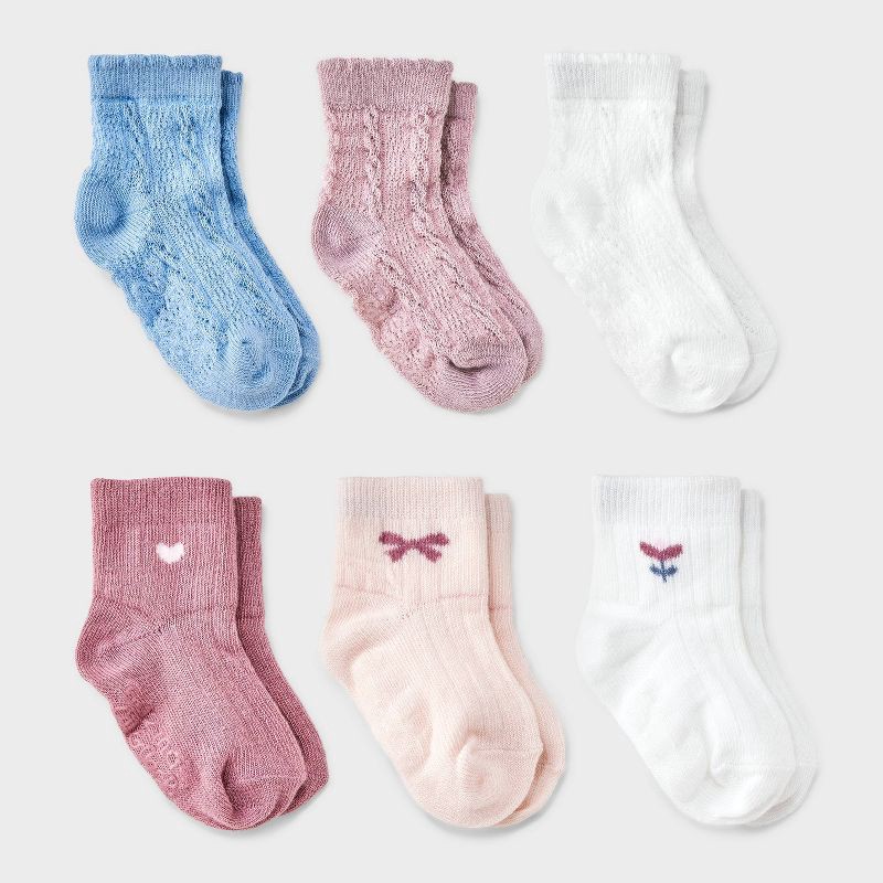 slide 1 of 3, Baby Girls' 6pk 'Tulip' Low-Cut Socks - Cat & Jack™ 12-24M: Midweight Knit, Rib Cuffs, Classic Jacquard Pattern, 6 ct