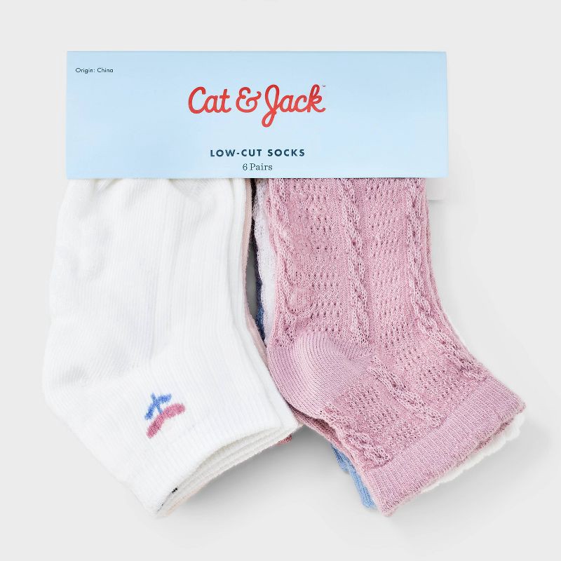 slide 2 of 3, Toddler Girls' 6pk 'Tulip' Low-Cut Socks - Cat & Jack™ 4T-5T: Recycled Polyester, Spandex, Rib Cuffs, Jacquard Pattern, 6 ct