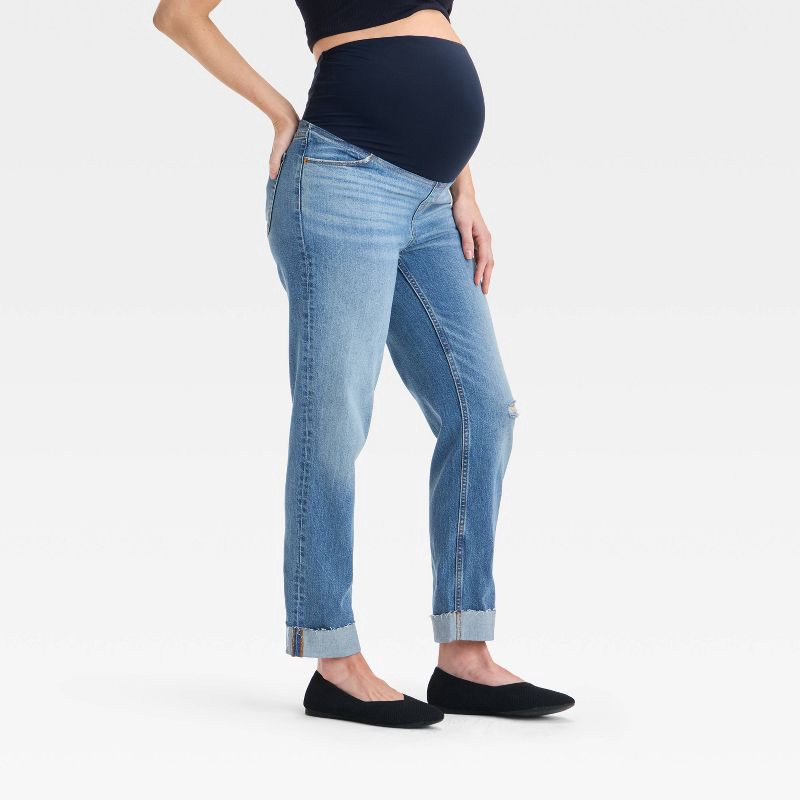 slide 4 of 5, Over Belly High-Rise Straight Maternity Pants - Isabel Maternity by Ingrid & Isabel™ Medium Wash 2: Cotton Denim, Pull-On Style, 1 ct