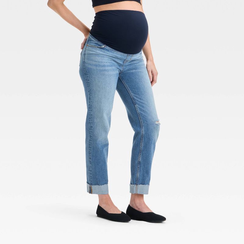 slide 1 of 5, Over Belly High-Rise Straight Maternity Pants - Isabel Maternity by Ingrid & Isabel™ Medium Wash 8: Denim, Stretch Fabric, 1 ct