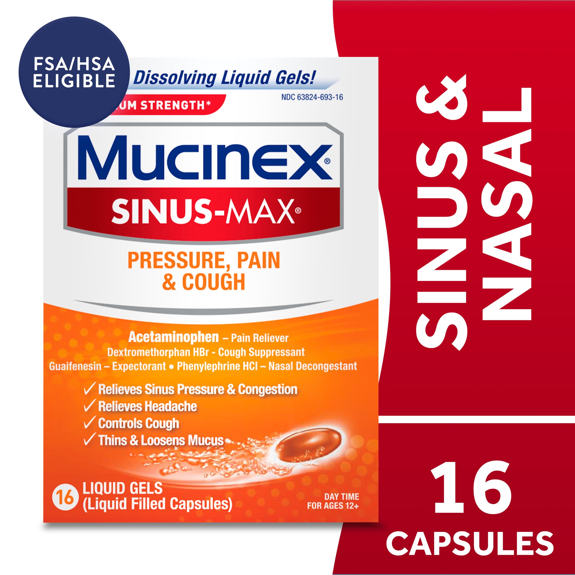 slide 1 of 13, Mucinex Sinus-Max Max Strength Pressure, Pain & Cough Liquid Gels, 16ct, 16 ct