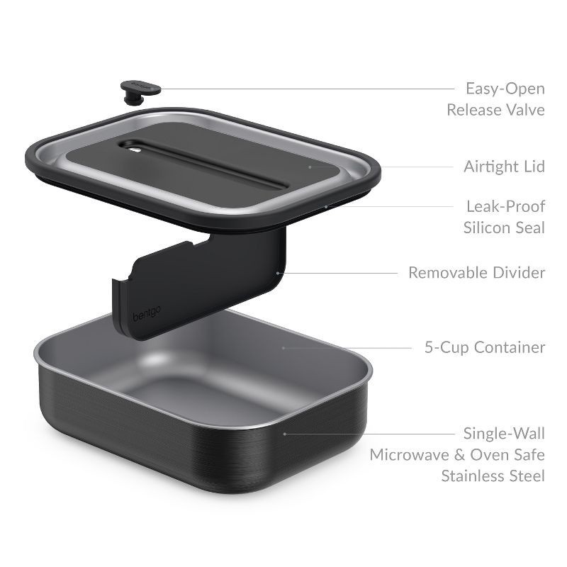 slide 3 of 8, Bentgo Microsteel Leakproof Lunch Bento Box - Carbon Black: Stackable 18/8 Stainless Steel, 1 ct