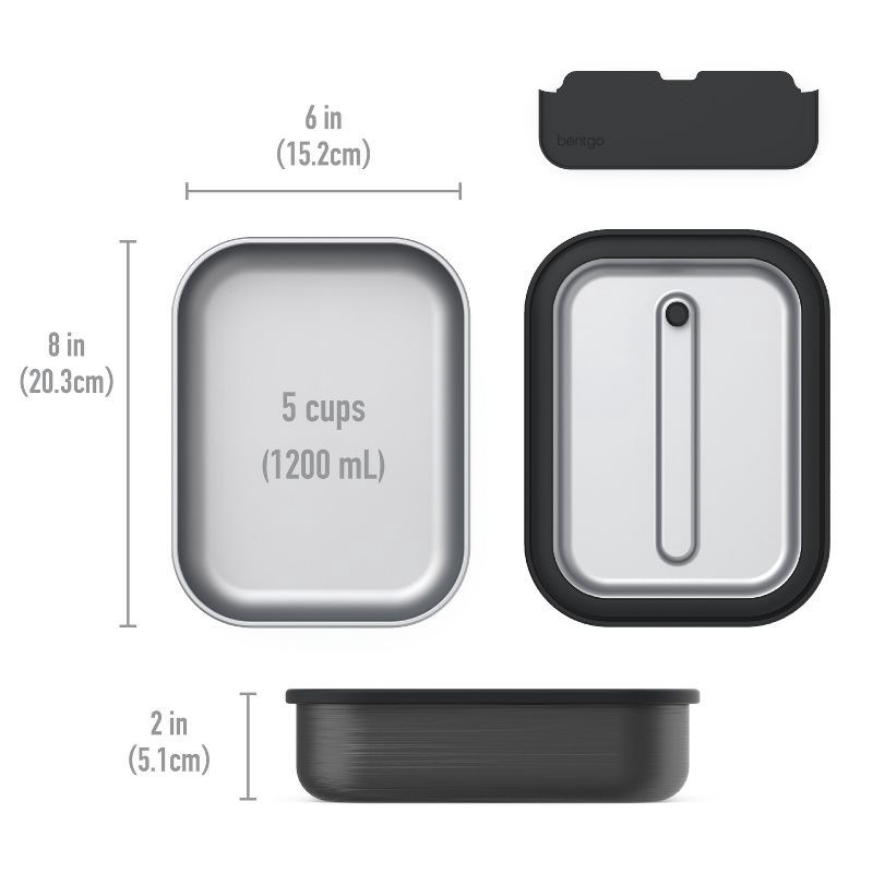 slide 7 of 8, Bentgo Microsteel Leakproof Lunch Bento Box - Carbon Black: Stackable 18/8 Stainless Steel, 1 ct