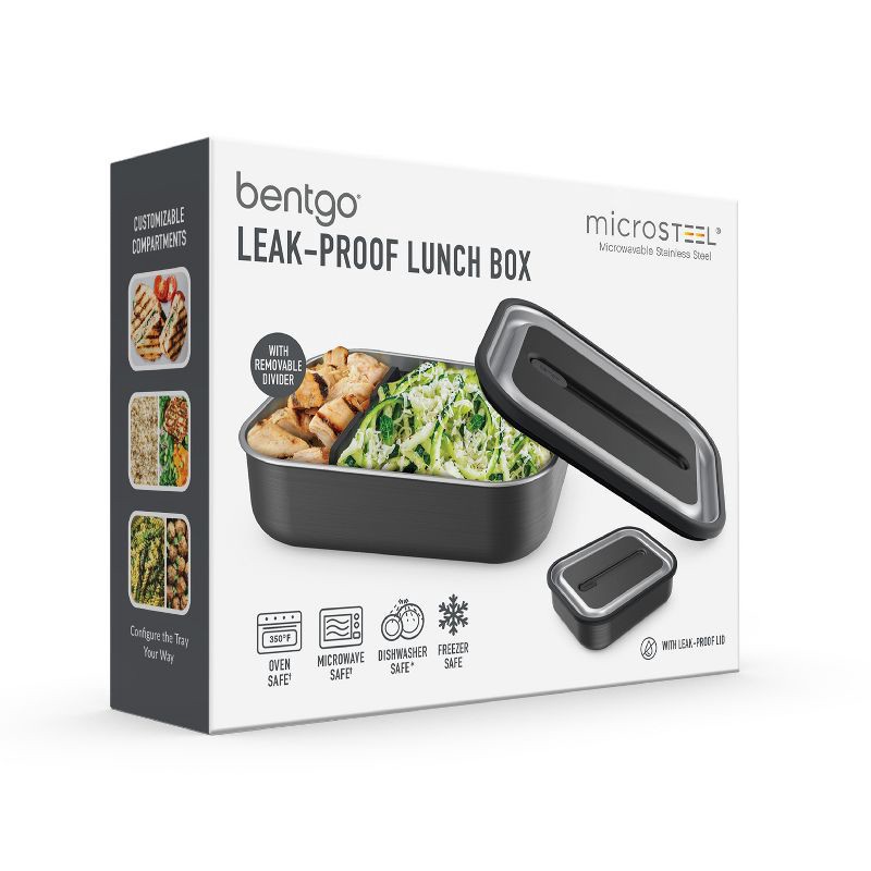 slide 8 of 8, Bentgo Microsteel Leakproof Lunch Bento Box - Carbon Black: Stackable 18/8 Stainless Steel, 1 ct