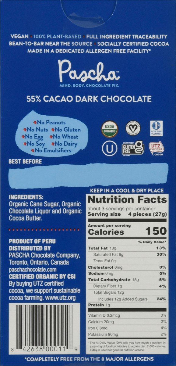 slide 12 of 12, Pascha Dark Chocolate Bar 55% Cacao, 2.82 oz