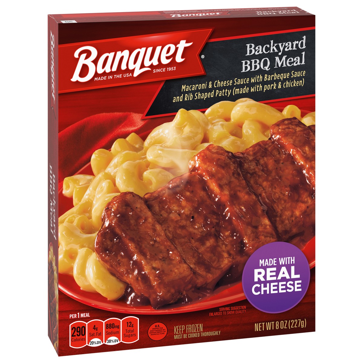 slide 3 of 12, Banquet Backyard BBQ Meal Rib-Shaped Patty With Macaroni & Cheese Frozen Meal, 8 oz., 8 oz