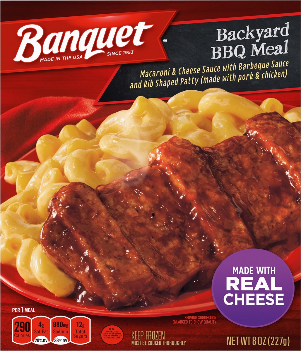 slide 4 of 12, Banquet Backyard BBQ Meal Rib-Shaped Patty With Macaroni & Cheese Frozen Meal, 8 oz., 8 oz