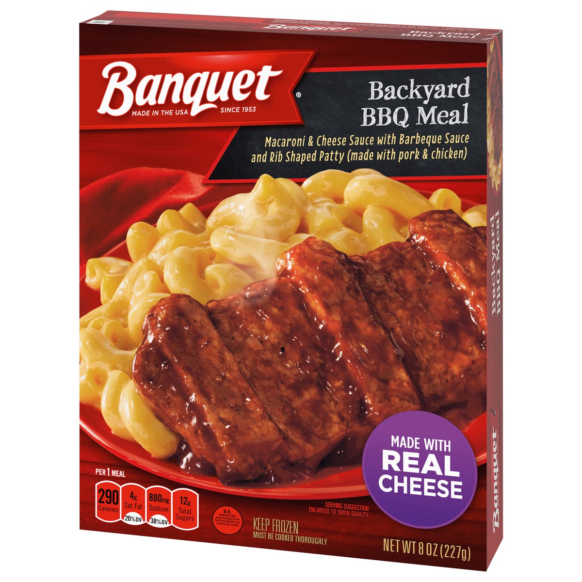 slide 8 of 12, Banquet Backyard BBQ Meal Rib-Shaped Patty With Macaroni & Cheese Frozen Meal, 8 oz., 8 oz
