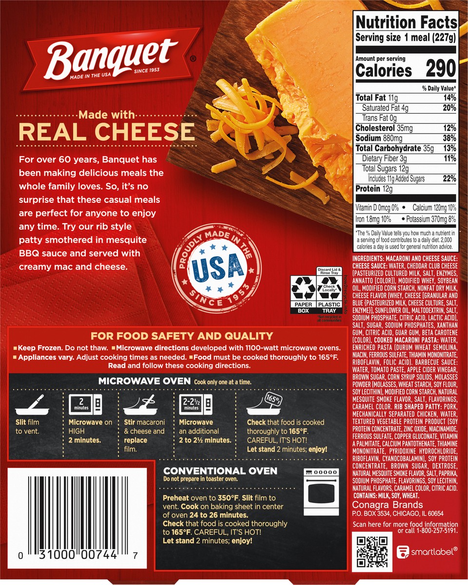 slide 11 of 12, Banquet Backyard BBQ Meal Rib-Shaped Patty With Macaroni & Cheese Frozen Meal, 8 oz., 8 oz