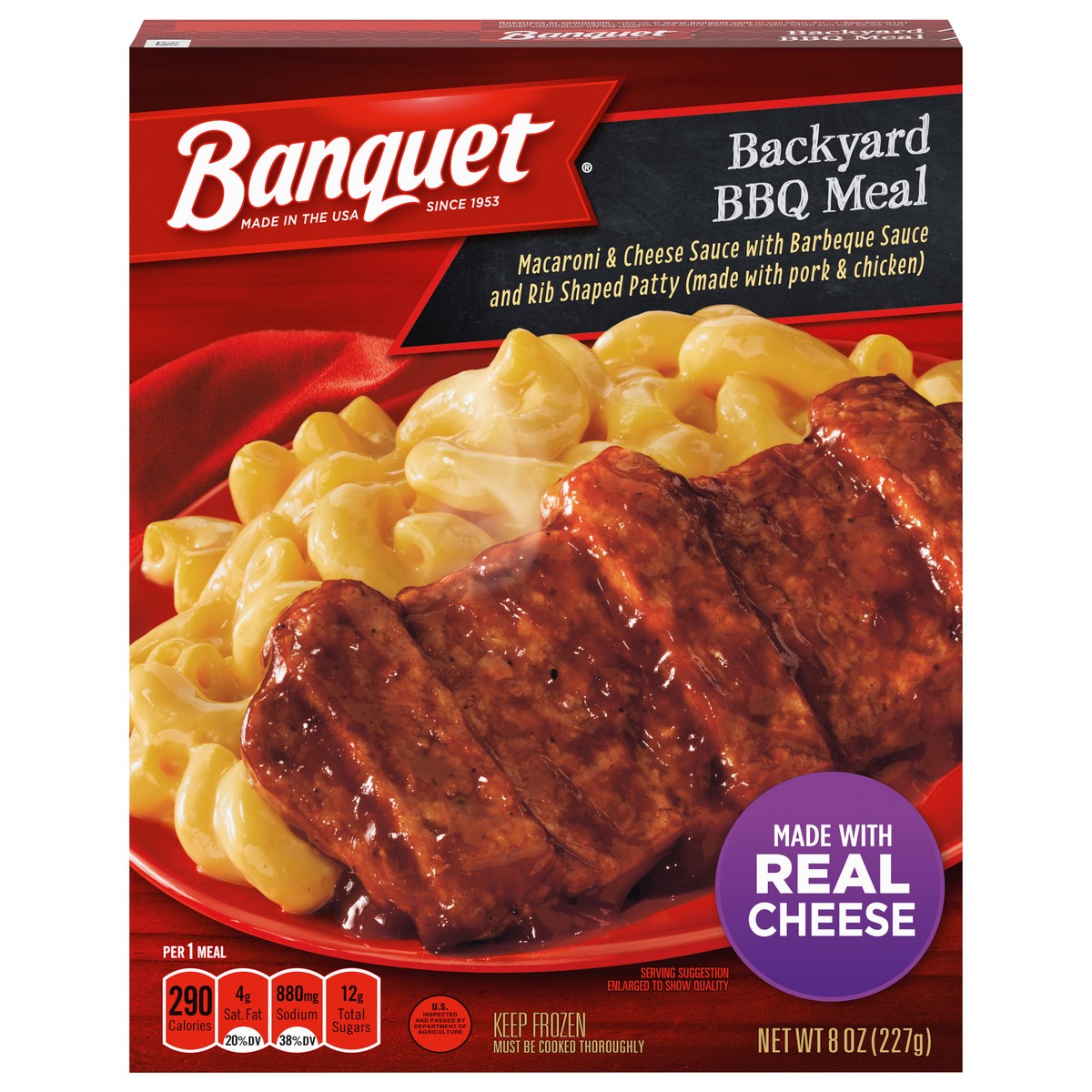 slide 1 of 12, Banquet Backyard BBQ Meal Rib-Shaped Patty With Macaroni & Cheese Frozen Meal, 8 oz., 8 oz