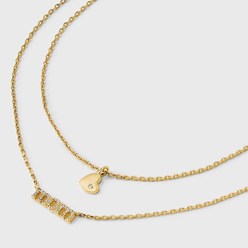 slide 4 of 4, 14K Gold Dipped "Mom" and Cubic Zirconia Heart Multi-Strand Pendant Necklace - Gold: Nickel-Free, Gift Box Included, 1 ct
