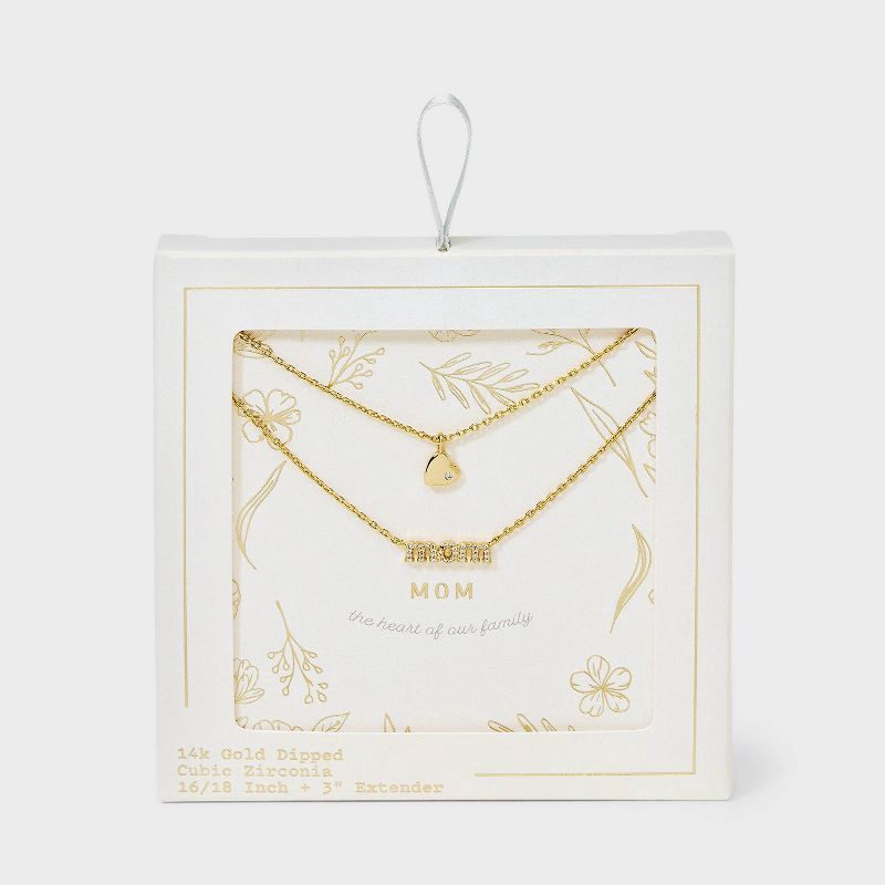 slide 1 of 4, 14K Gold Dipped "Mom" and Cubic Zirconia Heart Multi-Strand Pendant Necklace - Gold: Nickel-Free, Gift Box Included, 1 ct