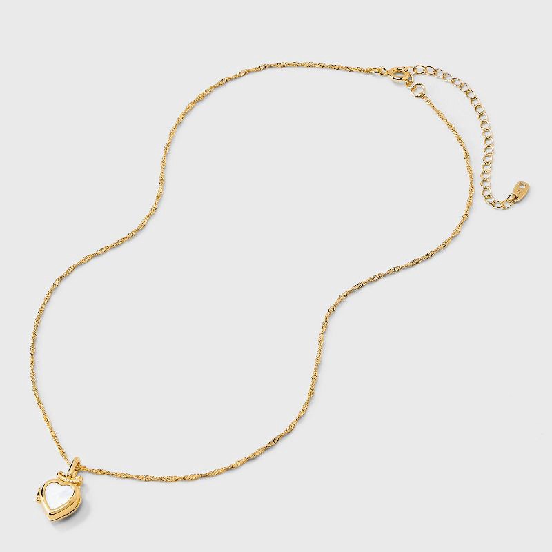 slide 3 of 5, 14K Gold Dipped Bow Mother of Pearl Heart Locket Pendant Necklace - Gold: Singapore Chain, Gift Box Included, 1 ct