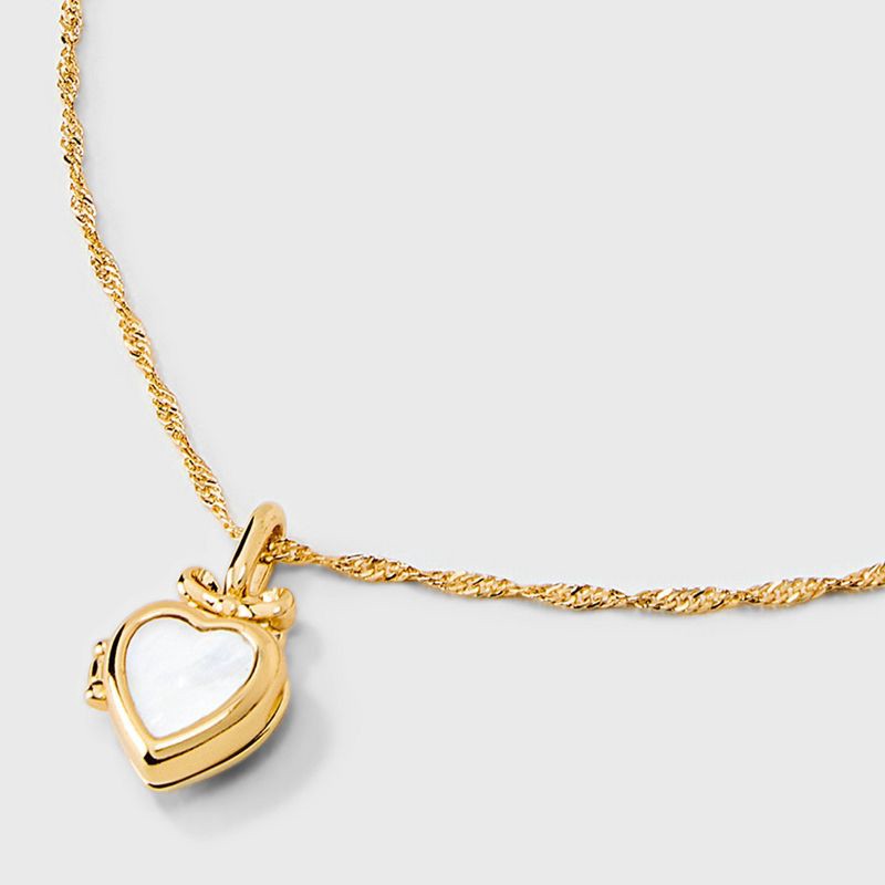 slide 5 of 5, 14K Gold Dipped Bow Mother of Pearl Heart Locket Pendant Necklace - Gold: Singapore Chain, Gift Box Included, 1 ct