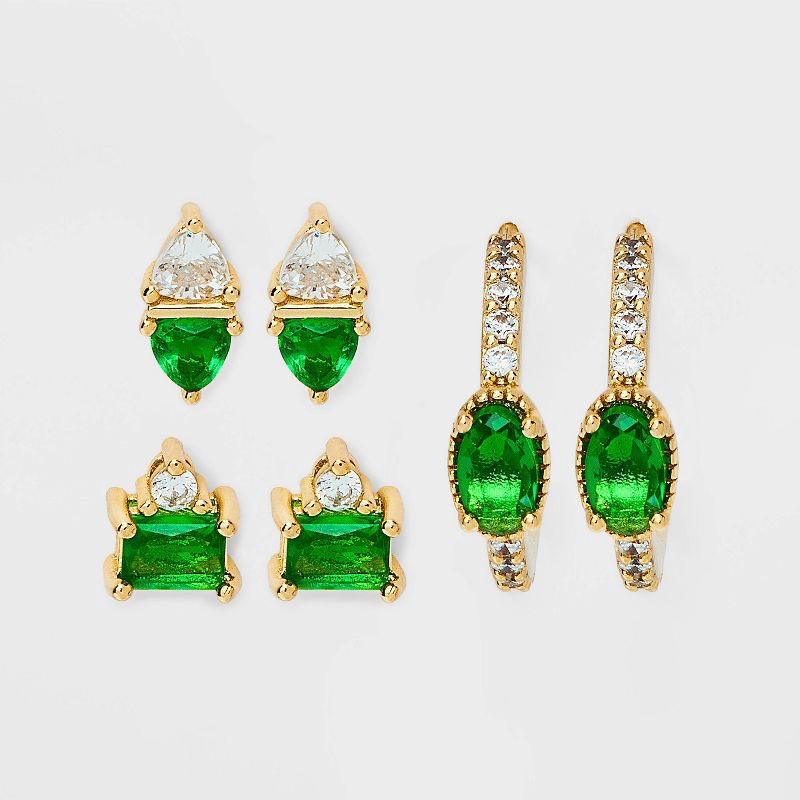slide 1 of 3, 14K Gold Dipped Cubic Zirconia Stud and Hoop Earring Set 3pc - Gold/Green: Nickel-Free, Fashion Jewelry, 3 ct