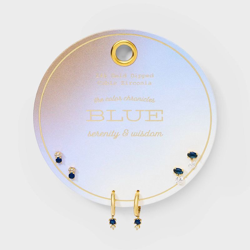 slide 2 of 3, 14K Gold Dipped Cubic Zirconia Stud and Hoop Earring Set 3pc - Gold/Blue: Nickel-Free, Gift Box Included, 3 ct