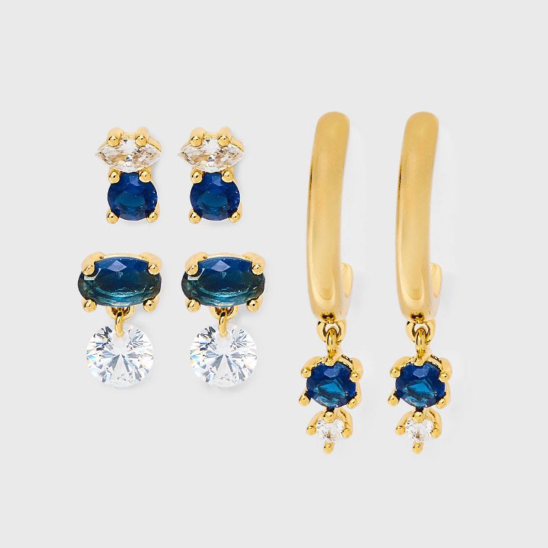 slide 1 of 3, 14K Gold Dipped Cubic Zirconia Stud and Hoop Earring Set 3pc - Gold/Blue: Nickel-Free, Gift Box Included, 3 ct