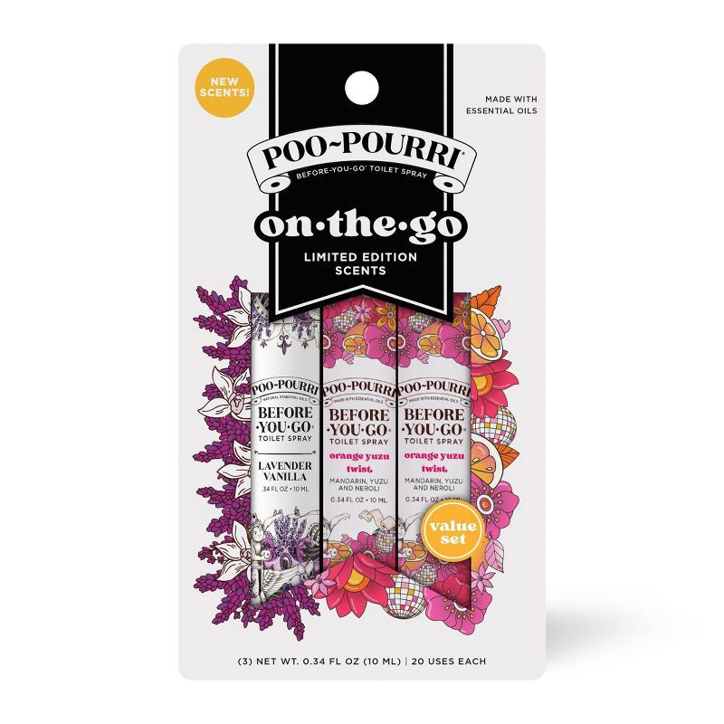 slide 1 of 5, Poo-Pourri 3pk Spring 2025 Edition 'On The Go' Toilet Spray 10ml, 3 ct, 10 ml