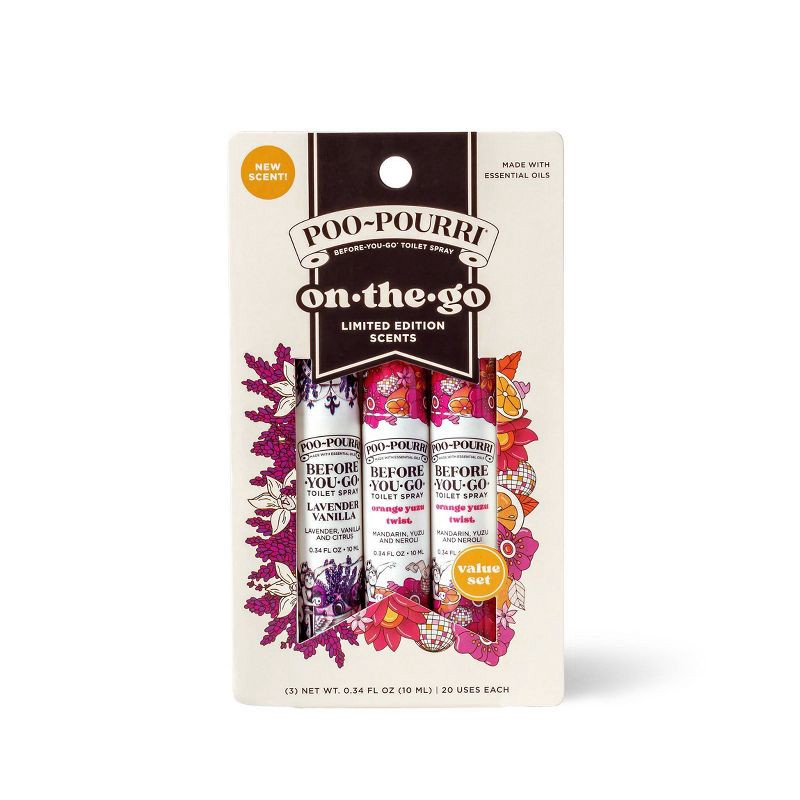 slide 5 of 5, Poo-Pourri 3pk Spring 2025 Edition 'On The Go' Toilet Spray 10ml, 3 ct, 10 ml