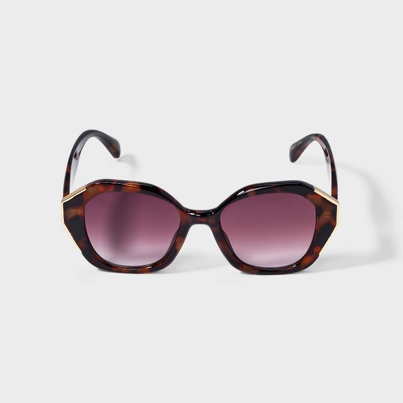 slide 1 of 2, Women's Plastic Angular Tortoise Shell with Metal Decor Butterfly Sunglasses - A New Day™ Assorted Browns: UV Protection, Impact-Resistant, 1 ct