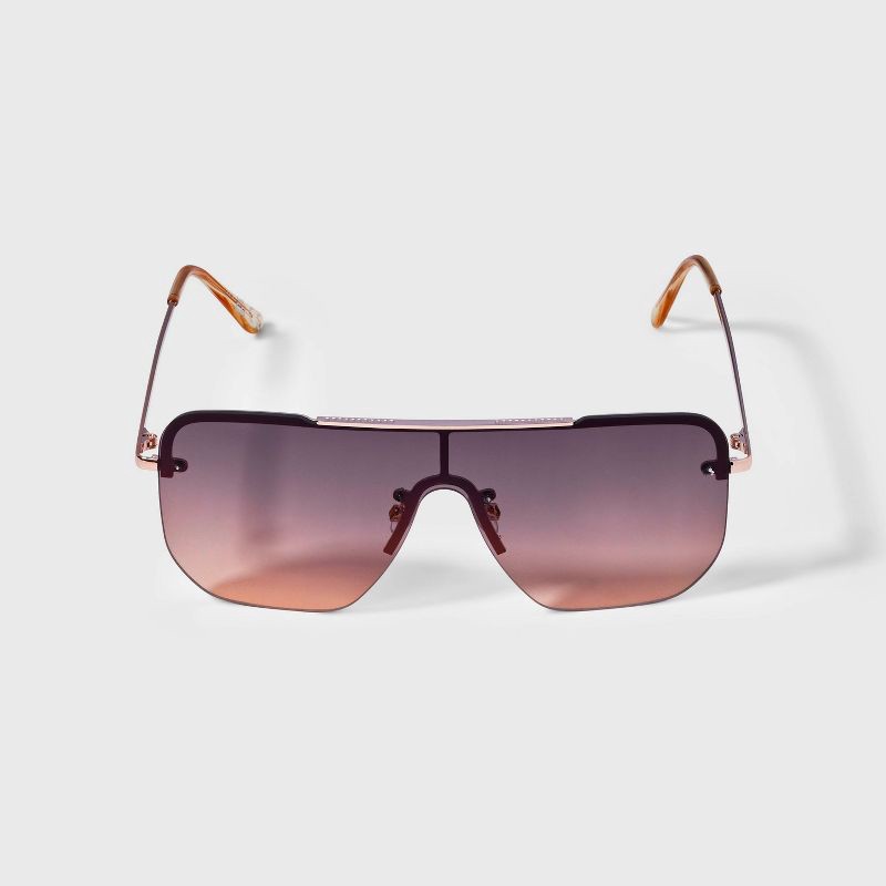 slide 1 of 3, Women's Shiny Metal Shield Flat Top Sunglasses with Gradient Lenses - Universal Thread™ Gold: Scratch-Resistant, UV Protection, 1 ct