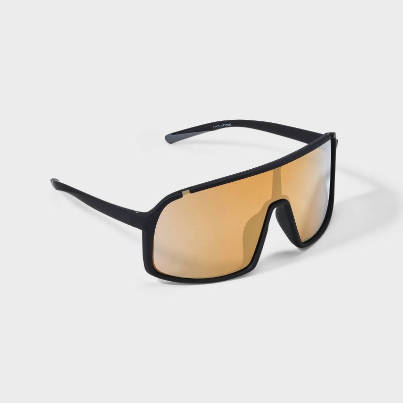 slide 2 of 4, Men's Rubberized Plastic Shield Sunglasses with Mirrored Lenses - All In Motion™ Black: Scratch-Resistant, UV Protection, 1 ct