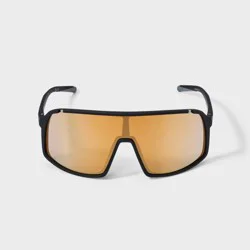 Men's Rubberized Plastic Shield Sunglasses with Mirrored Lenses - All In Motion™ Black: Scratch-Resistant, UV Protection