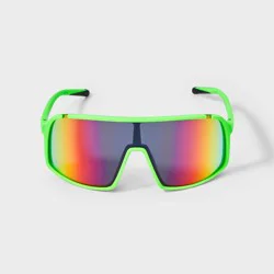 Men's Rubberized Plastic Shield Sunglasses with Mirrored Lenses - All In Motion™ Green: Scratch-Resistant, UV Protection