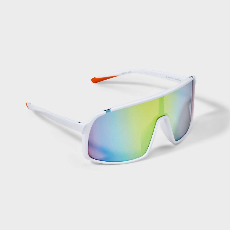 slide 2 of 3, Men's Rubberized Plastic Shield Sunglasses with Mirrored Lenses - All In Motion™ White: Scratch-Resistant, UV Protection, 1 ct