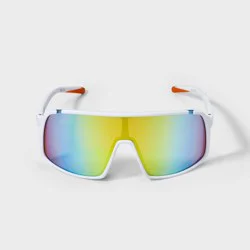 Men's Rubberized Plastic Shield Sunglasses with Mirrored Lenses - All In Motion™ White: Scratch-Resistant, UV Protection