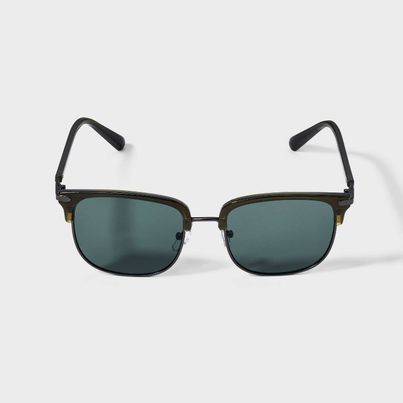 slide 1 of 2, Men's Plastic Angular Square Browline Sunglasses - Goodfellow & Co™ Dark Olive Green: Impact-Resistant, Maximum UV Protection, 1 ct