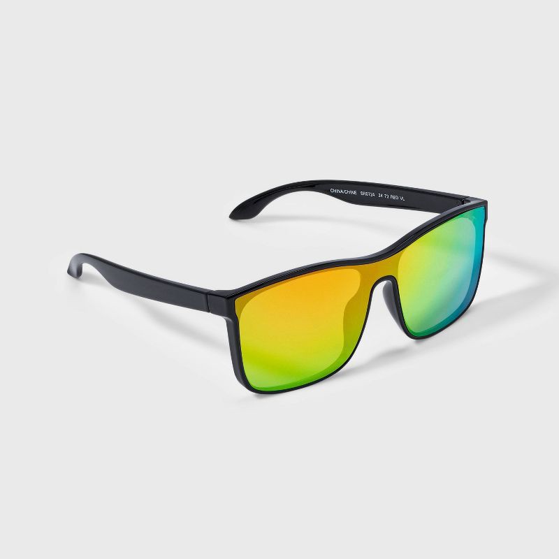 slide 2 of 4, Men's Shiny Plastic Shield Sunglasses - Original Use™ Black/Red: Scratch-Resistant, UV Protection, 1 ct
