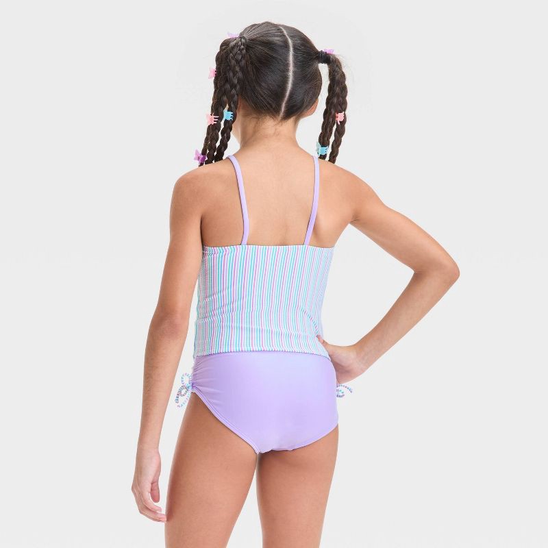 slide 2 of 3, Girls' Striped Tankini Set - Cat & Jack™ M: UPF 50+ Swimwear, Full Lining, Pull-On, Tricot Seersucker, Machine Washable, 1 ct