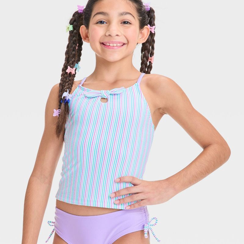 slide 3 of 3, Girls' Striped Tankini Set - Cat & Jack™ M: UPF 50+ Swimwear, Full Lining, Pull-On, Tricot Seersucker, Machine Washable, 1 ct