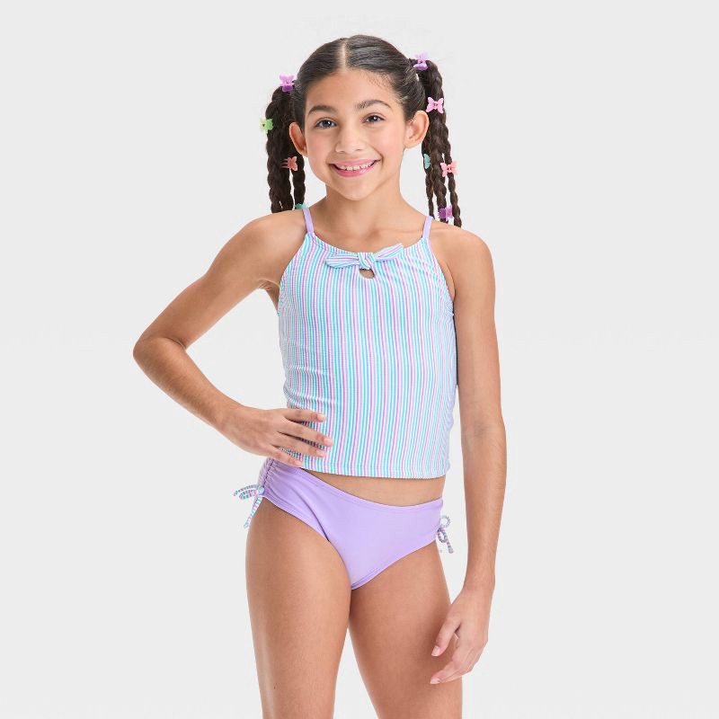 slide 1 of 3, Girls' Striped Tankini Set - Cat & Jack™ M: UPF 50+ Swimwear, Full Lining, Pull-On, Tricot Seersucker, Machine Washable, 1 ct