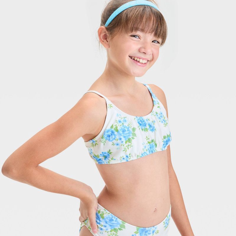 slide 3 of 3, Girls' Tea at the Pool Floral Printed Bikini Set - art class™ Off-White S: Recycled Polyester, Adjustable Straps, UPF 50+, 1 ct