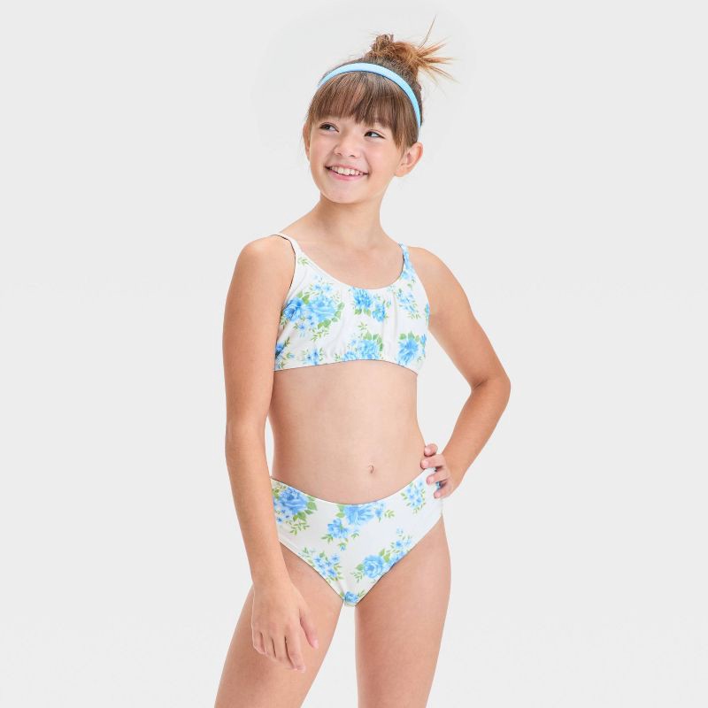 slide 1 of 3, Girls' Tea at the Pool Floral Printed Bikini Set - art class™ Off-White S: Recycled Polyester, Adjustable Straps, UPF 50+, 1 ct