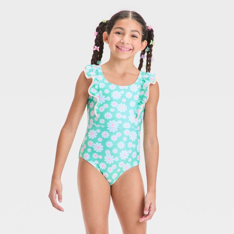 slide 1 of 3, Girls' Endless Daisies Floral Printed One Piece Swimsuit - Cat & Jack™ XL: Recycled Polyester, Spandex, UPF 50+, Sleeveless, 1 ct