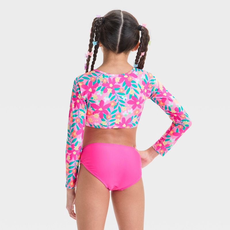 slide 2 of 3, Girls' Floral Printed Rash Guard Bikini Set - Cat & Jack™ Pink S: UPF 50+, Recycled Polyester, Long Sleeve, 1 ct