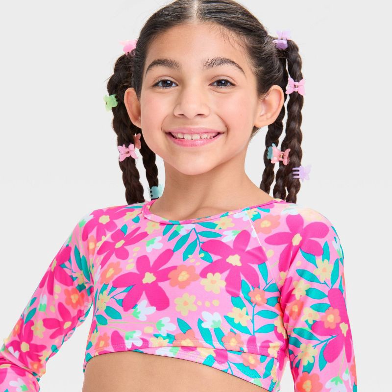 slide 3 of 3, Girls' Floral Printed Rash Guard Bikini Set - Cat & Jack™ Pink S: UPF 50+, Recycled Polyester, Long Sleeve, 1 ct