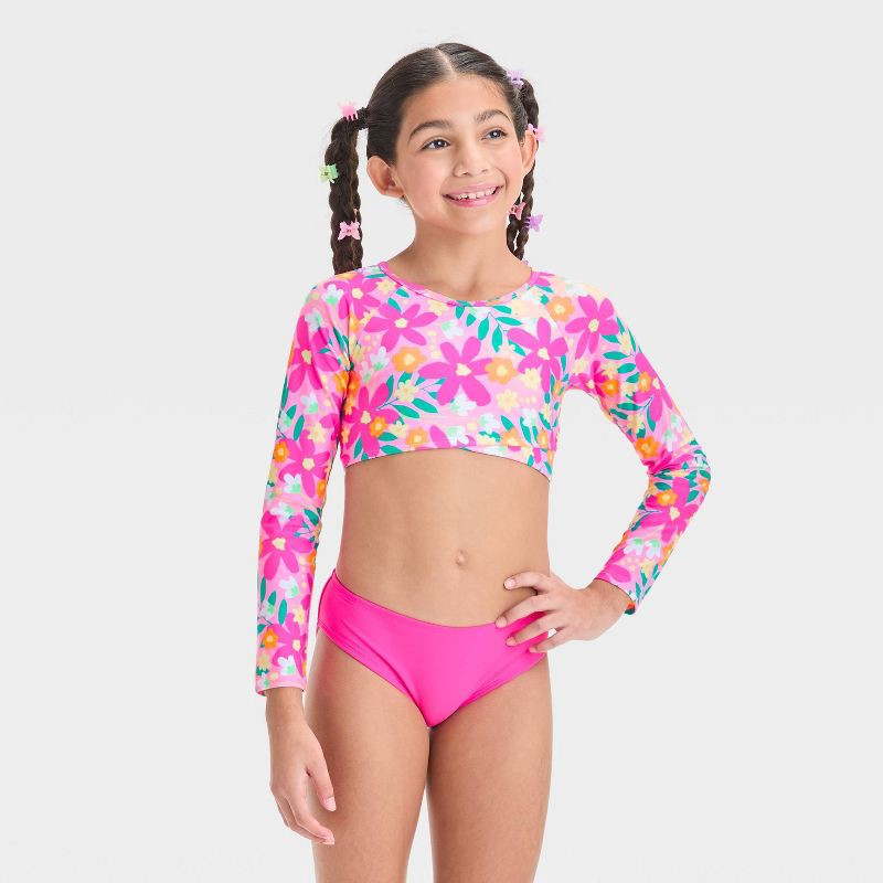 slide 1 of 3, Girls' Floral Printed Rash Guard Bikini Set - Cat & Jack™ Pink S: UPF 50+, Recycled Polyester, Long Sleeve, 1 ct