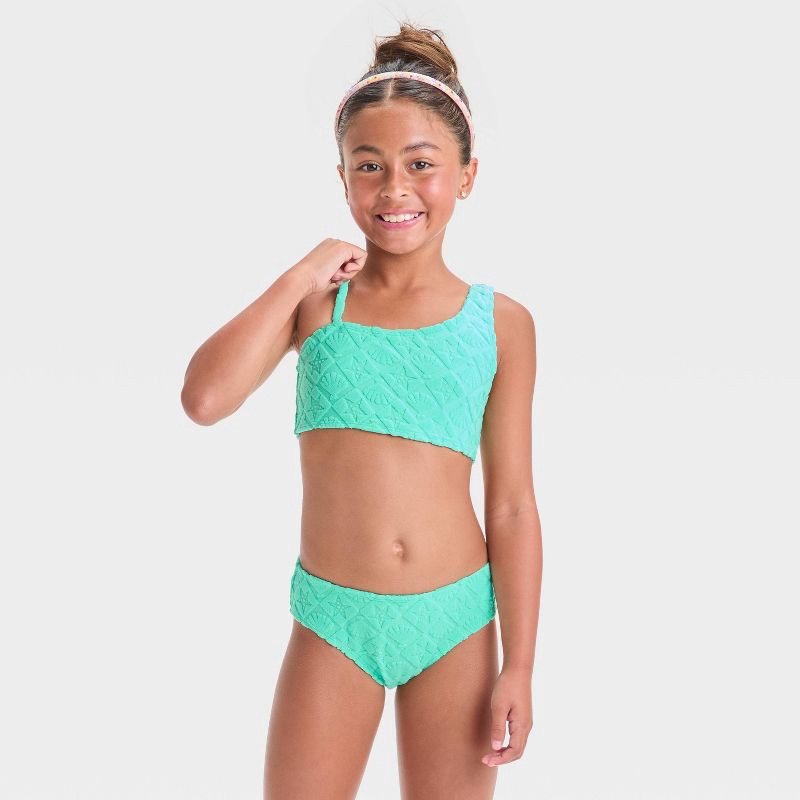 slide 2 of 4, Girls' Park to Pool Solid Bikini Set - Cat & Jack™ Teal Green XS: UPF 50+, 3-Piece Swimwear, Recycled Polyester, 1 ct