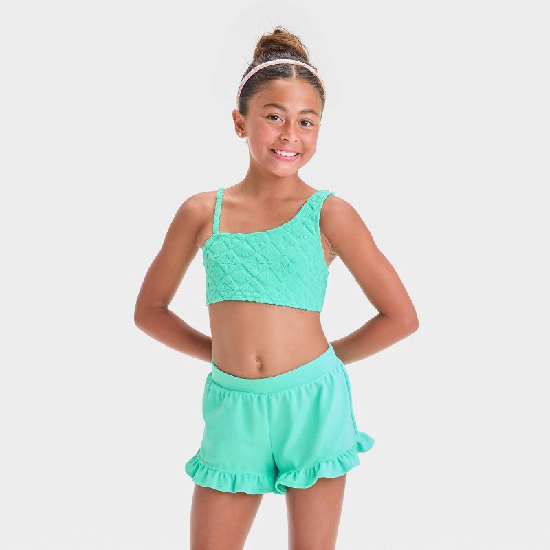 slide 1 of 4, Girls' Park to Pool Solid Bikini Set - Cat & Jack™ Teal Green XS: UPF 50+, 3-Piece Swimwear, Recycled Polyester, 1 ct
