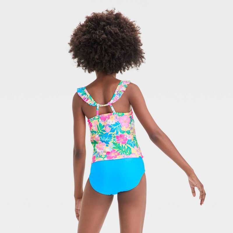 slide 2 of 3, Girls' Seaside Hibiscus Floral Printed Tankini Set - Cat & Jack™ Blue L: UPF 50+, Recycled Polyester, 1 ct
