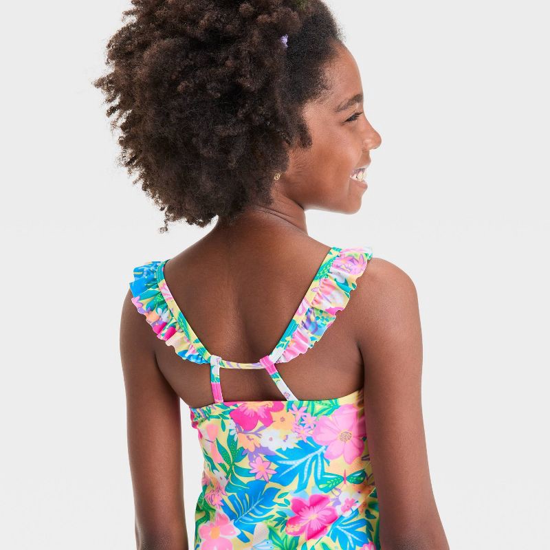 slide 3 of 3, Girls' Seaside Hibiscus Floral Printed Tankini Set - Cat & Jack™ Blue L: UPF 50+, Recycled Polyester, 1 ct