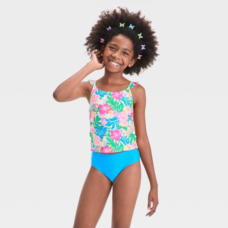 slide 1 of 3, Girls' Seaside Hibiscus Floral Printed Tankini Set - Cat & Jack™ Blue L: UPF 50+, Recycled Polyester, 1 ct