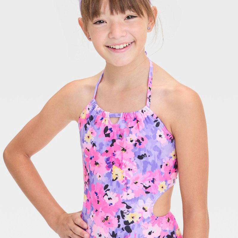 slide 3 of 3, Girls' Floral Printed One Piece Swimsuit - art class™ M: UPF 50+, Sleeveless, Botanical Pattern, 1 ct