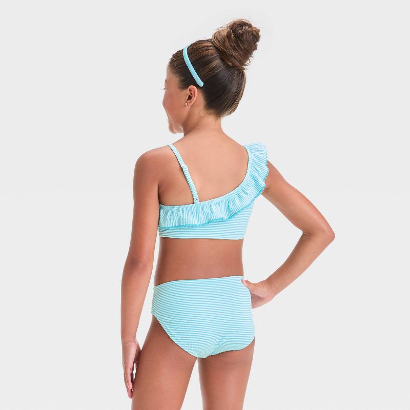 slide 2 of 3, Girls' Striped Bikini Set - Cat & Jack™ Blue L: Multi-Stripe, Full Lining, Adjustable Strap, UPF 50+, Machine Washable, 1 ct