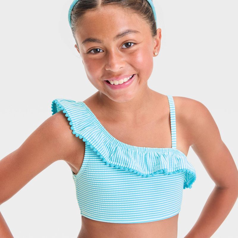 slide 3 of 3, Girls' Striped Bikini Set - Cat & Jack™ Blue L: Multi-Stripe, Full Lining, Adjustable Strap, UPF 50+, Machine Washable, 1 ct